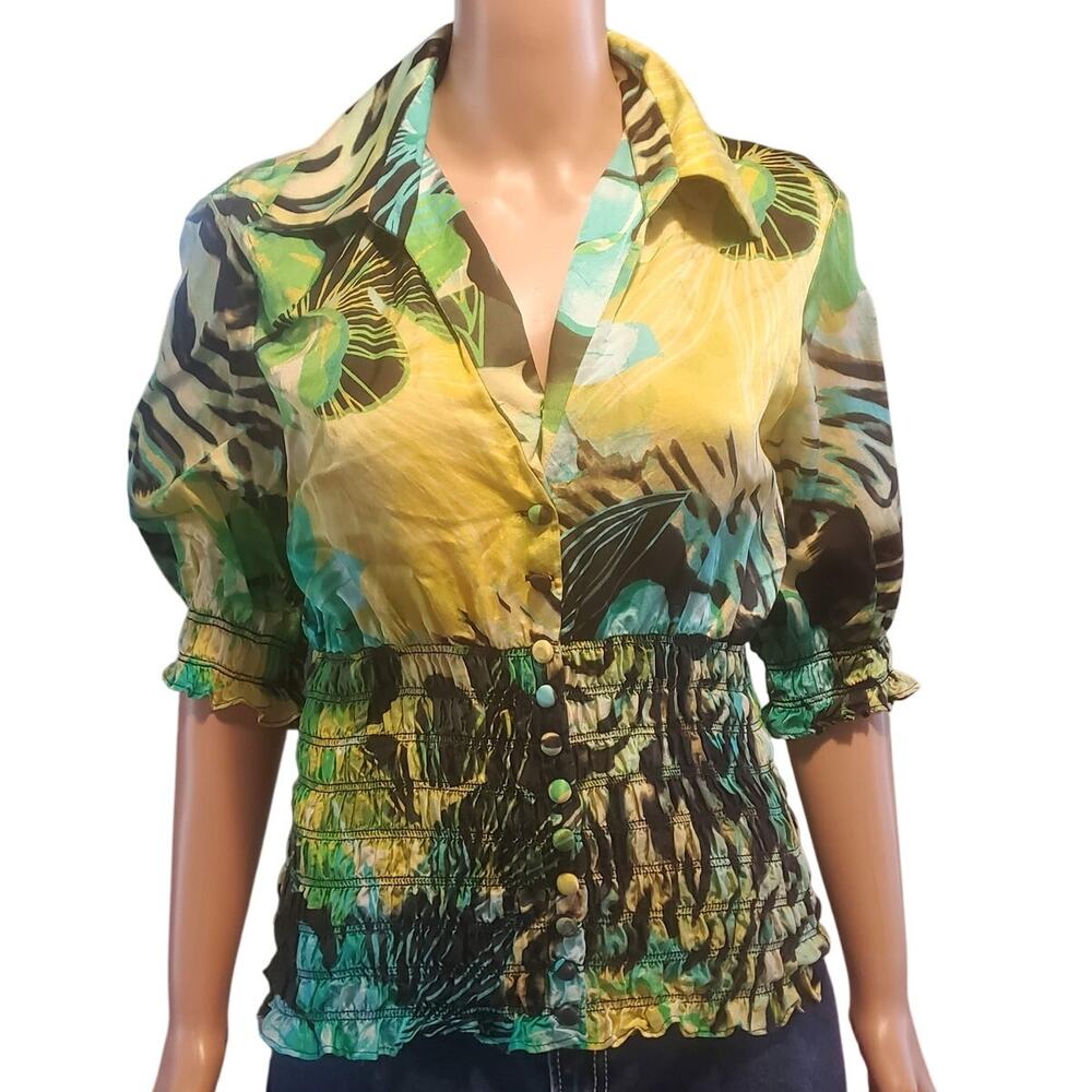 Vintage Cache Size M (L) Floral Animal Print Silk Cotton Shirred Waist Top Y2K